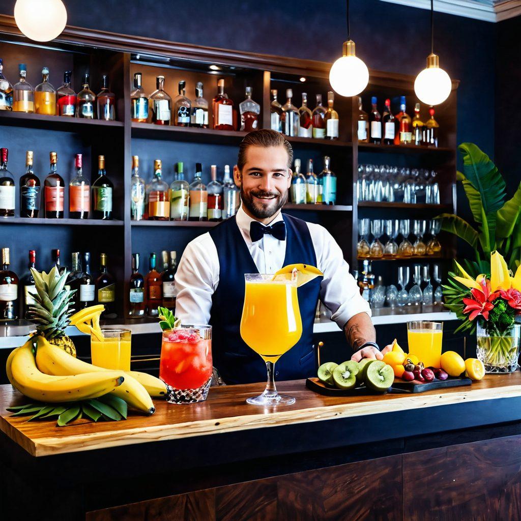 A stylish bar scene featuring a mixologist expertly crafting gourmet banana cocktails with fresh ingredients, surrounded by elegant glassware and colorful garnishes. The backdrop includes a shelf filled with exotic liquors and fresh fruits, while vibrant banana-themed decorations add a playful touch. The lighting is warm and inviting, creating a cozy atmosphere perfect for cocktail enthusiasts. super-realistic. vibrant colors. 3D.
