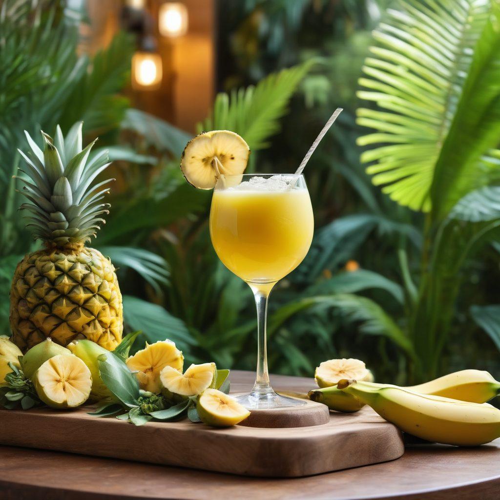 A vibrant, tropical setting showcasing a beautifully crafted banana cocktail in a stylish glass filled with vivid yellow and green hues. Surround the cocktail with fresh fruits like bananas, pineapples, and coconuts, adorned with colorful umbrellas and herbs. Include a bartender playfully mixing ingredients in the background, highlighting the fusion of culinary creativity. Bright, inviting lighting to enhance the tropical atmosphere. tropical art, vibrant colors, 3D.