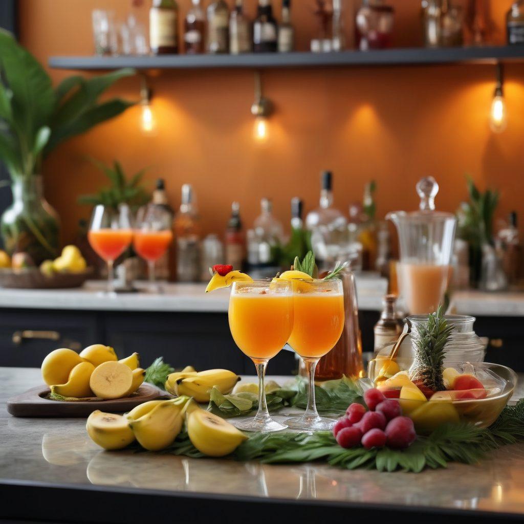 A stylish bar setting featuring an array of vibrant banana brandy cocktails in elegant glasses, garnished with exotic fruits and herbs. In the background, a chic kitchen with gourmet ingredients and a mixologist preparing a cocktail. Soft lighting creates a warm, inviting atmosphere, emphasizing creativity in home mixology. super-realistic. vibrant colors. cozy ambiance.